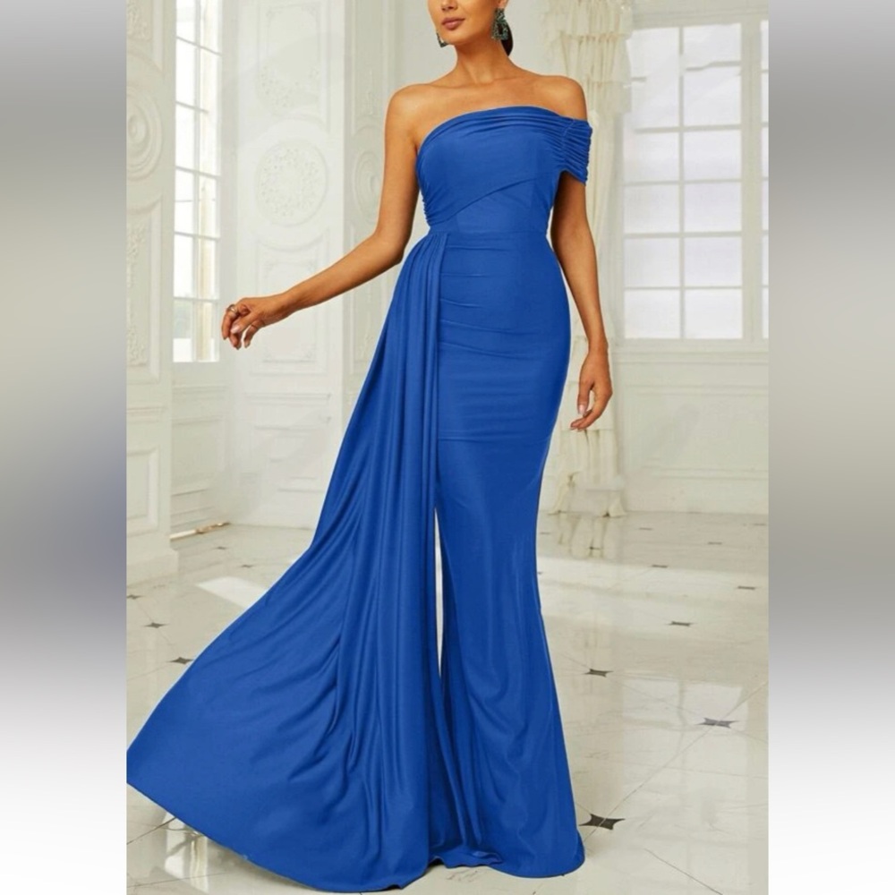 Luxe orange one shoulder draped party formal evening gown dress - Picture 9 of 10